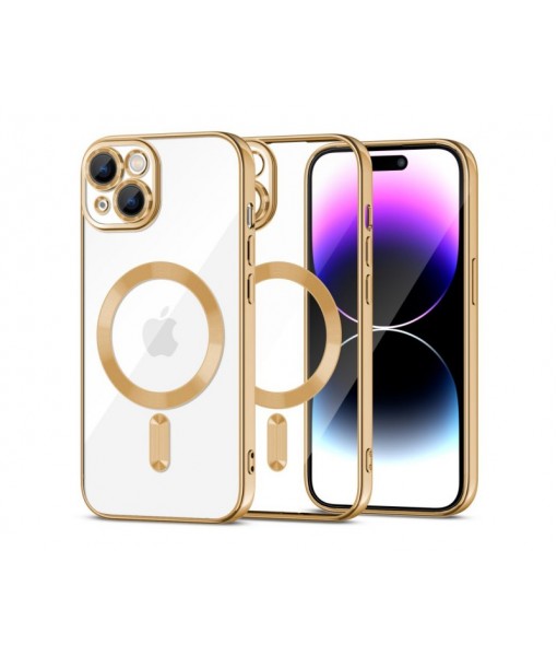 Husa iPhone 15, Magshine Magsafe, Transparenta Cu Margine Gold